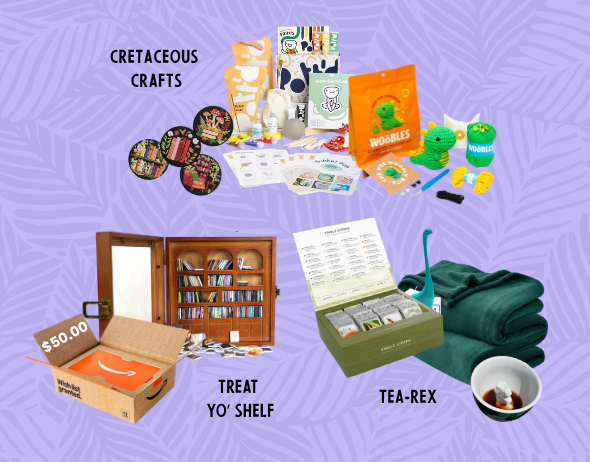 Adult prizes on a purple background. Treat Yo' Shelf, Cretaceous Crafts, Tea-Rex