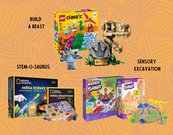 Children prizes on an orange background, Stem-O-Saurus, Build a Beast, Sensory Excavation